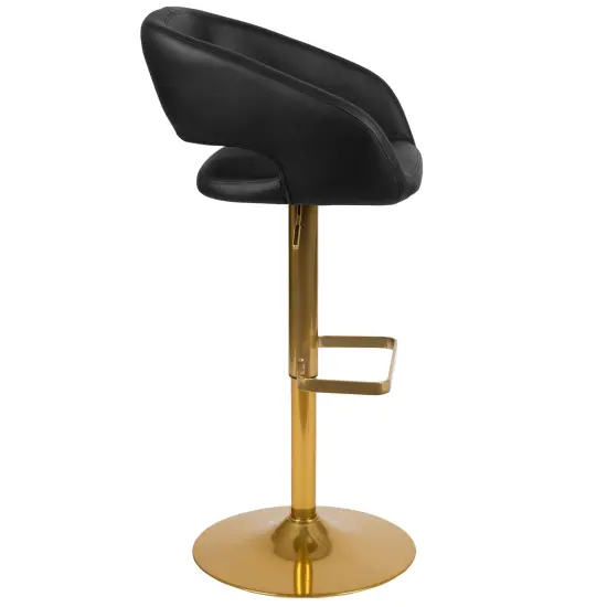 Merrick Lane Rothko Modern Bar Stool Rounded Mid-Back Stool With Height Adjustable Swivel Seat BlackVinyl/GoldFrame {5}
