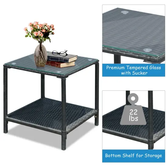 3 Pieces Wicker Rocking Bistro Set with Glass Coffee Table and Storage Shelf Blue {3}