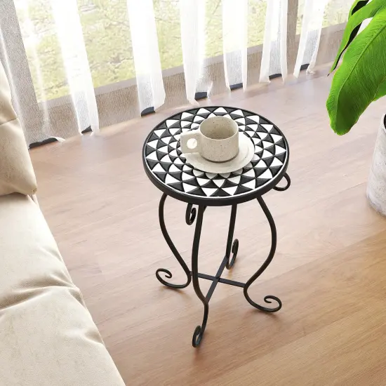 Costway Mosaic Outdoor Side Table, Round End Table with Weather Resistant Ceramic Tile Tabletop {3}