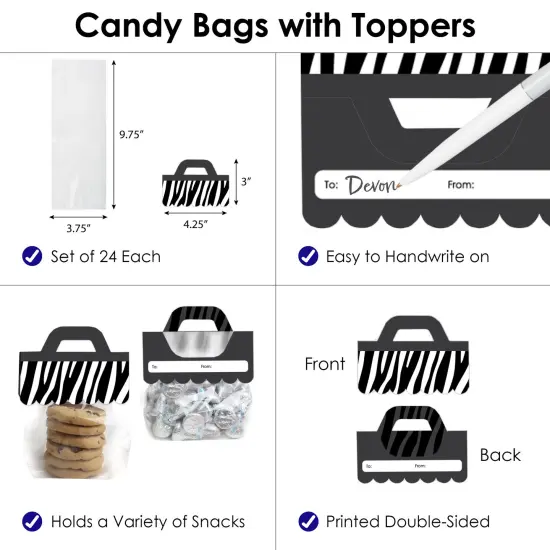 Big Dot of Happiness Zebra Print - DIY Safari Party Clear Goodie Favor Bag Labels - Candy Bags with Toppers - Set of 24 {4}