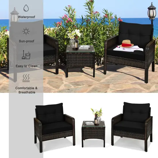 3 Pieces Outdoor Patio Rattan Conversation Set with Seat Cushions Black {3}