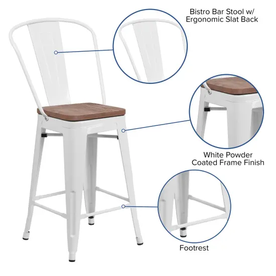 Merrick Lane Donnely Metal Dining Stool with Curved Slatted Back and Textured Wood Seat White {2}