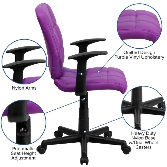 Emma and Oliver Mid-Back Quilted Vinyl Swivel Task Office Chair with Arms Purple {2}