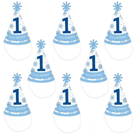 Big Dot of Happiness Blue Snowflakes 1st Birthday - Cone Happy Birthday Party Hats for Kids and Adults - Set of 8 (Standard Size) {7}
