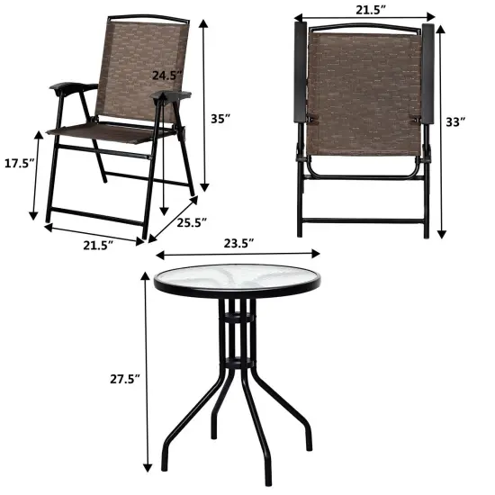 Costway 3PC Bistro Patio Garden Furniture Set 2 Folding Chairs Glass Table Top Steel {2}