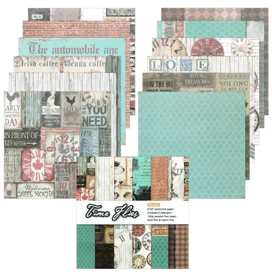 Wrapables 6x6 Decorative Single-Sided Scrapbook Paper for Arts & Crafts Projects, Scrapbooking, Card-Making Coffee & Clocks {1}