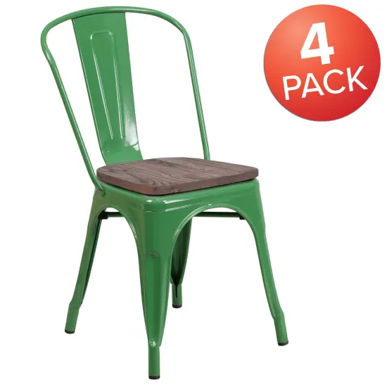 Emma and Oliver 4 Pack Metal Stackable Chair with Wood Seat Green {5}