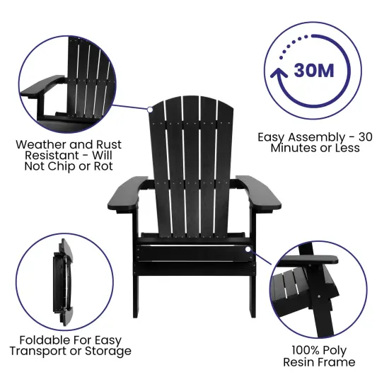 Merrick Lane Set of 2 Riviera Poly Resin Folding Adirondack Lounge Chair - All-Weather Indoor/Outdoor Patio Chair Black {2}