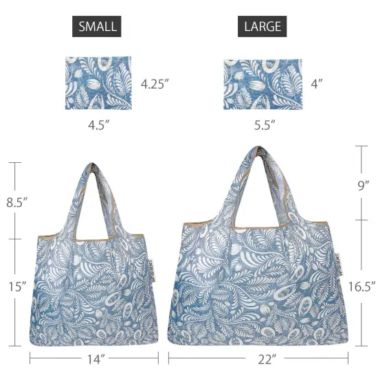 Wrapables Large & Small Foldable Tote Nylon Reusable Grocery Bags, Set of 2 Gray Ferns {2}