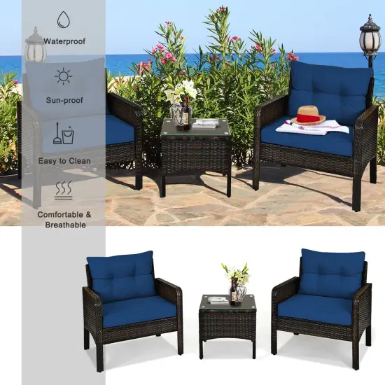 3 Pieces Outdoor Patio Rattan Conversation Set with Seat Cushions Navy {3}