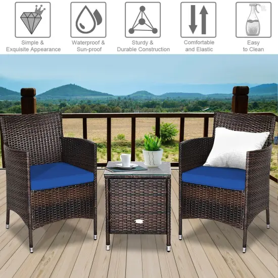 3 Pieces Patio Wicker Rattan Furniture Set with Steel Frame and Polyester Cushions Navy {3}