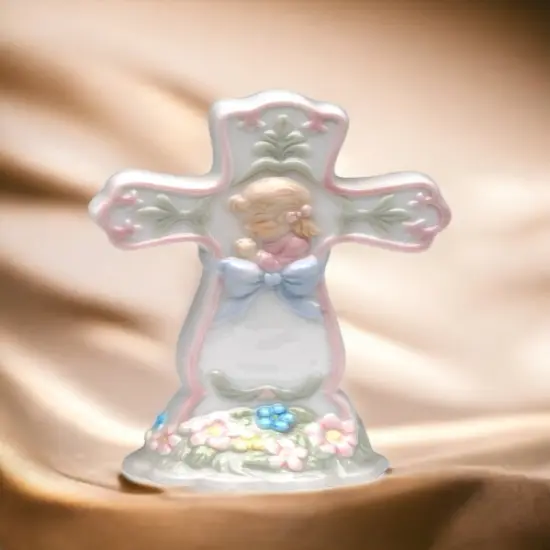 Ceramic Cross with Praying Girl Figurine, Religious D&eacute;cor, Religious Gift, Church D&eacute;cor, Baptism Gift {2}