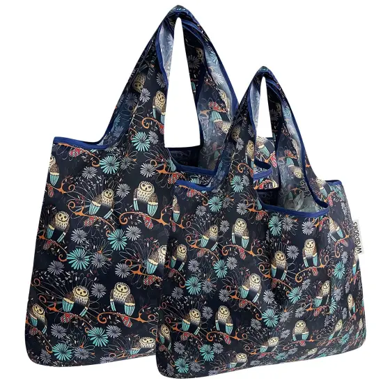 Wrapables Large & Small Foldable Tote Nylon Reusable Grocery Bags, Set of 2 Deco Owls {1}