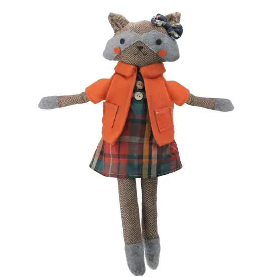 Northlight Sitting Herringbone Designed Fox Girl with Plaid Dress - 17" - Brown and Orange {1}