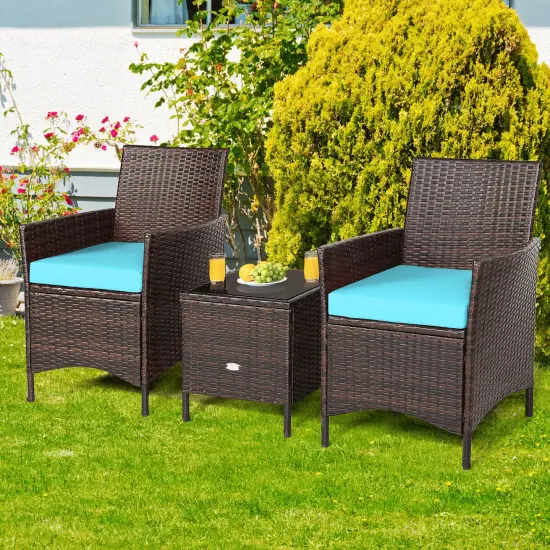 Costway 3PCS Patio Rattan Furniture Set Cushioned Sofa Glass Tabletop Deck Red\Blue\ White {8}