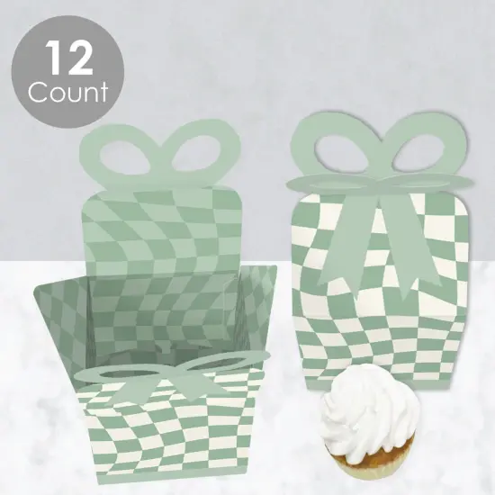 Big Dot of Happiness Sage Green Checkered Party - Square Favor Gift Boxes - Bow Boxes - Set of 12 {4}