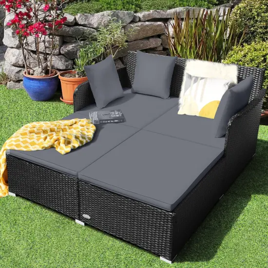 Spacious Outdoor Rattan Daybed With Upholstered Cushions And Pillows Grey {1}