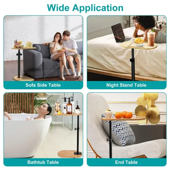 C-Shaped Bathtub Tray Table With Adjustable Height 360&deg; Rotatable Desktop Freestanding Bath Caddy Against Wall Couch Bed Sofa Side Table Wood {5}