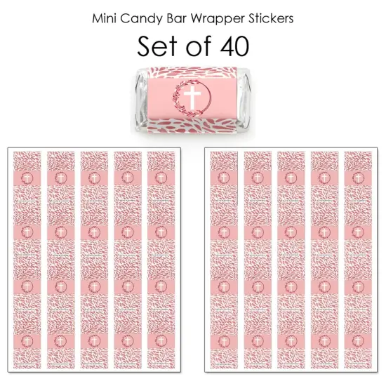 Big Dot of Happiness Pink Elegant Cross - Mini Candy Bar Wrapper Stickers - Girl Religious Party Small Favors - 40 Count {4}