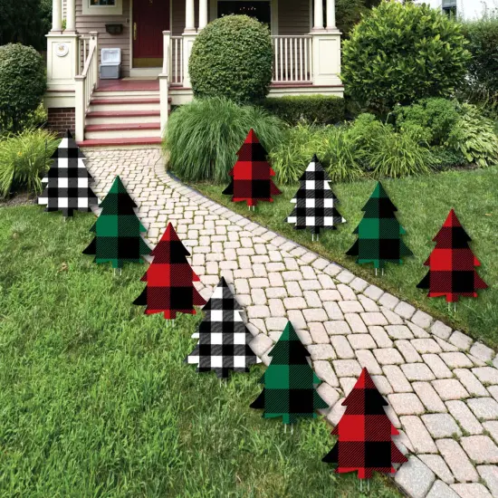 Big Dot of Happiness Holiday Plaid Trees - Lawn Decorations - Outdoor Buffalo Plaid Christmas Party Yard Decorations - 10 Piece {1}