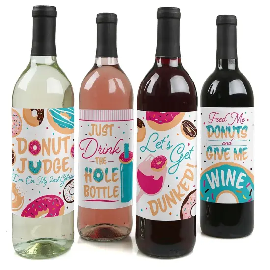 Big Dot of Happiness Donut Worry, Let's Party - Doughnut Party Decorations for Women and Men - Wine Bottle Label Stickers - Set of 4 {1}