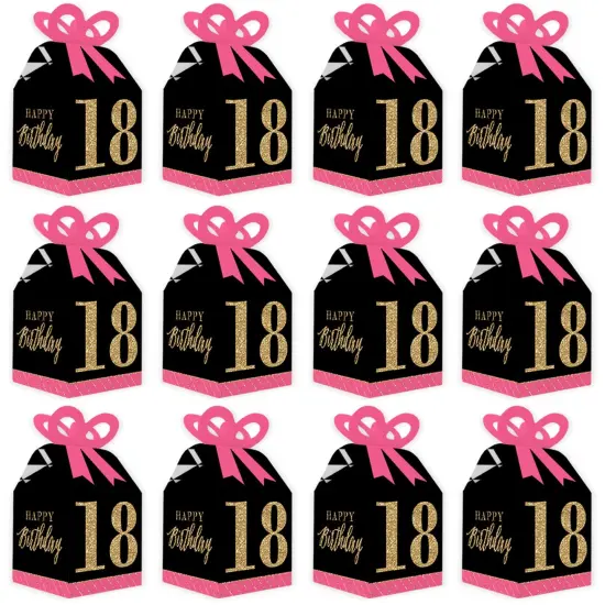 Big Dot of Happiness Chic 18th Birthday - Pink, Black and Gold - Square Favor Gift Boxes - Birthday Party Bow Boxes - Set of 12 {6}