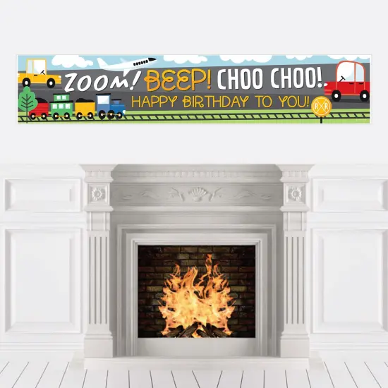 Big Dot of Happiness Cars, Trains, and Airplanes - Happy Birthday Transportation Decorations Party Banner {1}