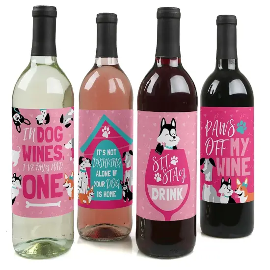 Big Dot of Happiness Pawty Like a Puppy Girl - Pink Dog Baby Shower or Birthday Party Decor for Women and Men - Wine Bottle Label Stickers - Set of 4 {1}