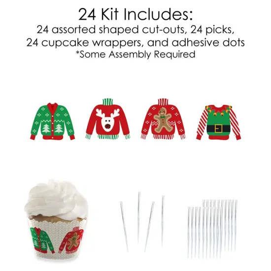 Big Dot of Happiness Ugly Sweater - Cupcake Decoration - Holiday and Christmas Party Cupcake Wrappers and Treat Picks Kit - Set of 24 {6}