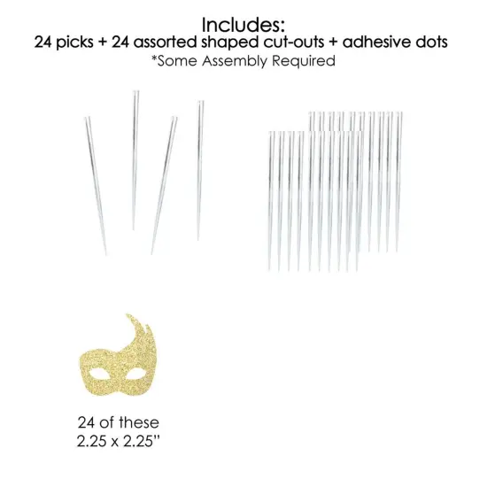 Big Dot of Happiness Gold Glitter Masks - No-Mess Real Glitter Dessert Cupcake Toppers - Mardi Gras Masquerade Party Clear Treat Picks - Set of 24 {7}