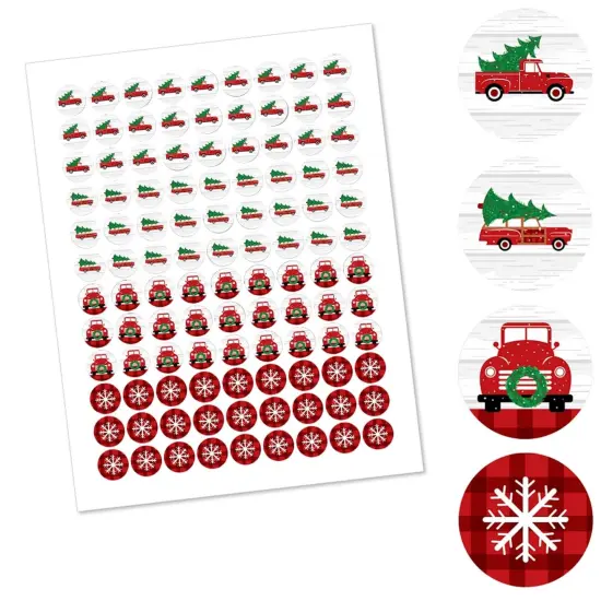 Big Dot of Happiness Merry Little Christmas Tree - Red Truck Christmas Party Round Candy Sticker Favors - Labels Fits Chocolate Candy (1 Sheet of 108) {3}