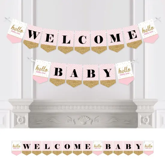 Big Dot of Happiness Hello Little One - Pink and Gold - Baby Shower Bunting Banner - Girl Party Decorations - Welcome Baby {1}