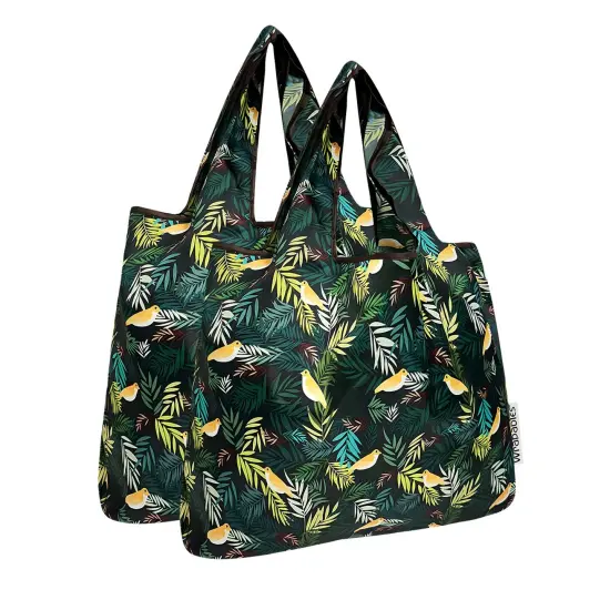 Wrapables Medium Foldable Tote Nylon Reusable Grocery Bag (Set of 2), Birds in Ferns {1}