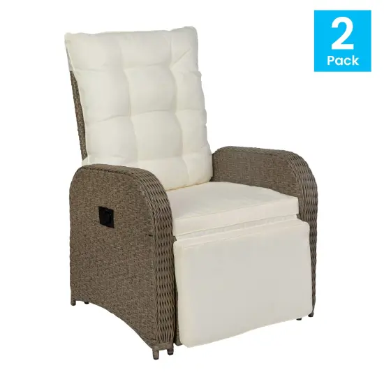 Merrick Lane Selci Set of 2 Modern Style Patio Wicker Rattan Indoor/Outdoor Recliner Lounge Chairs with Side Tables and Adjustable Backs Beige/BrownFrame {6}