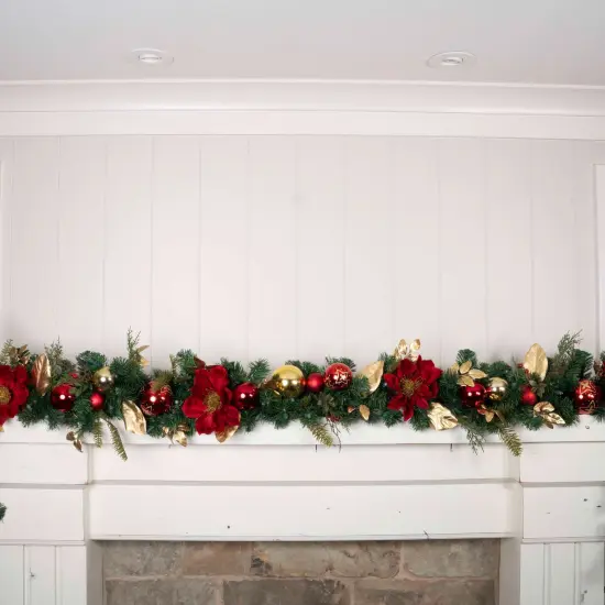 9 ft. Artificial Christmas Garland with Lights - Golden Leaf Red Magnolia {5}