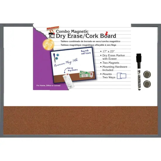 Magnetic Dry Erase Board with Cork Board, 17" x 23", w/Eraser/Marker and 2 Magnets, Gray Frame, 1 Each {1}