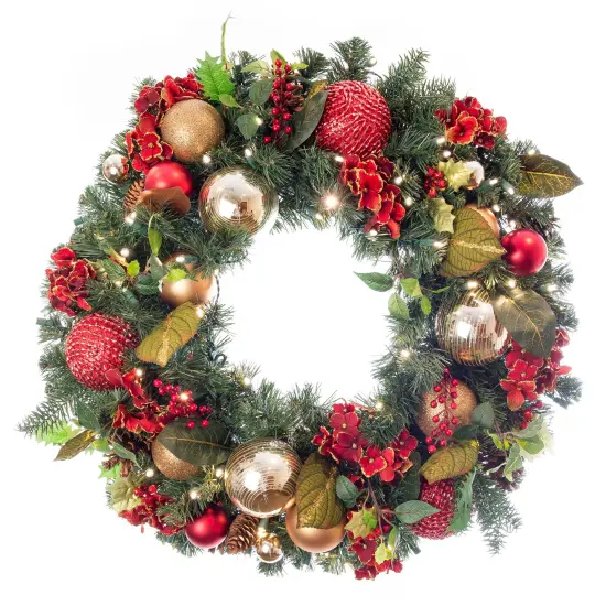 30 in. Lighted Christmas Wreath - Scarlet Hydrangea {1}