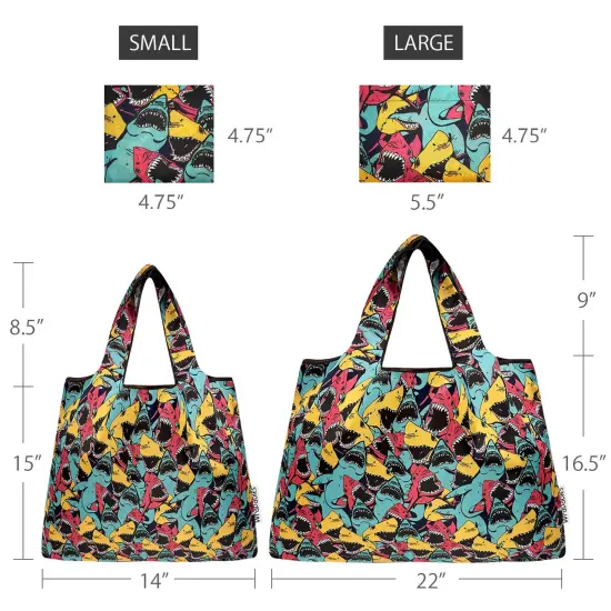 Wrapables Large & Small Foldable Tote Nylon Reusable Grocery Bags, Set of 2, Sharks {2}