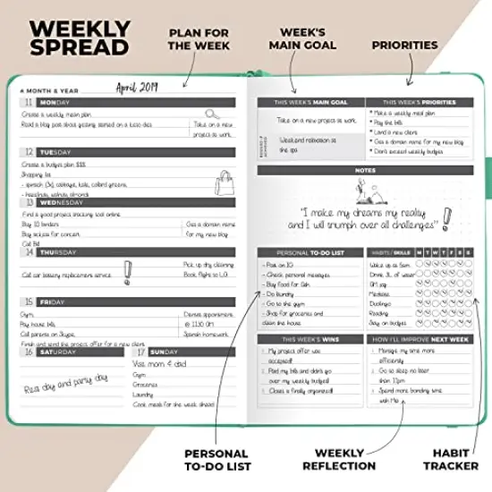 Undated Weekly & Monthly Planner to Increase Productivity, Time Management and Hit Your Goals &ndash; Organizer, Gratitude Journal &ndash; Start Anytime, A5, Lasts 1 Year, Emerald (Weekly) {5}