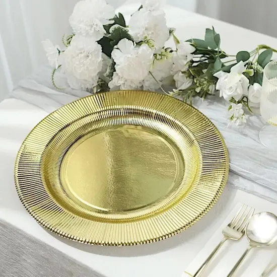 25 GOLD 10" Metallic Round Paper Salad DINNER PLATES Textured Rim {3}