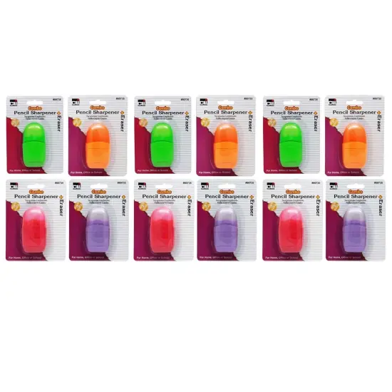 Pencil Sharpener/Eraser Combo - 1 Hole with Eraser, Plastic, with Receptacle, Assorted Colors, Pack of 12 {1}