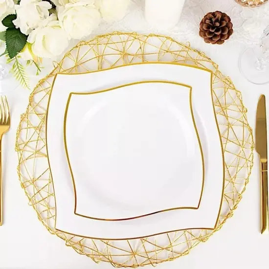 WHITE 10 Square 10" Plastic Salad PLATES Wavy Gold Rim {2}