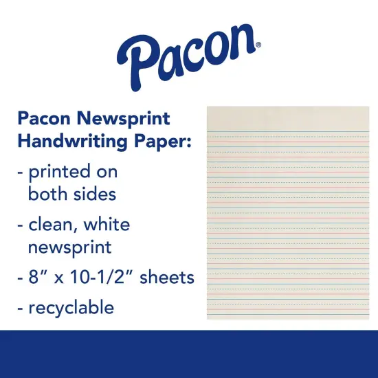 Newsprint Handwriting Paper, Dotted Midline, Grade 2, 1/2" x 1/4" x 1/4" Ruled Short, 8" x 10-1/2", 500 Sheets Per Pack, 3 Packs {2}