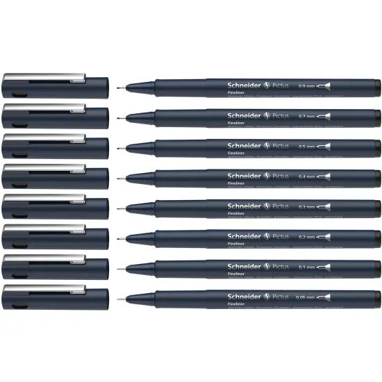 Pictus Fineliners, Wallet, 8 Pieces, Black Ink, Assorted Sizes {1}