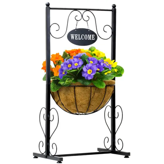 Sorbus Welcome Planter Basket Stand with Coco Liner, Stylish Flower, Plant, and Outdoor decor for Home, Garden, Patio, Deck, Black Metal {1}
