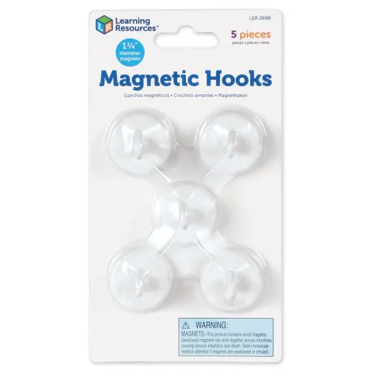 Magnetic Hooks, 1.25" Diameter, White, 5 Per Pack, 2 Packs {4}
