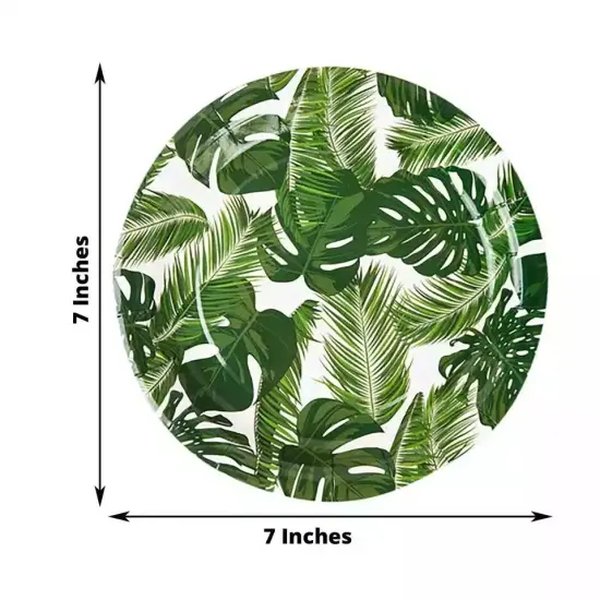 25 WHITE 7" Round Paper Plates with TROPICAL Leaves Design {3}