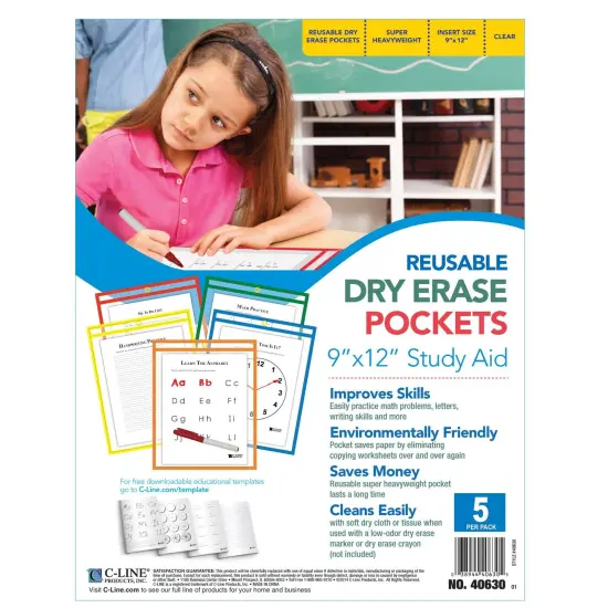 Reusable Dry Erase Pockets, Primary Colors, 9" x 12", 5 Per Pack, 2 Packs {3}