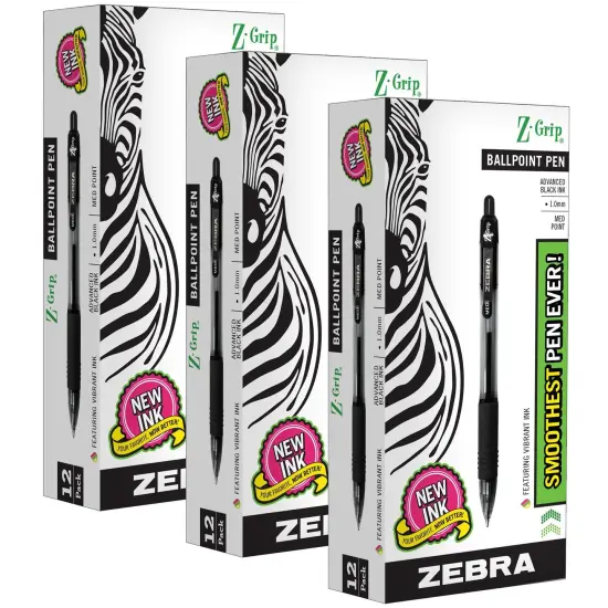 Z-Grip&reg; Ballpoint Retractable Pen, 1.0mm, Black, 12 Per Pack, 3 Packs {1}