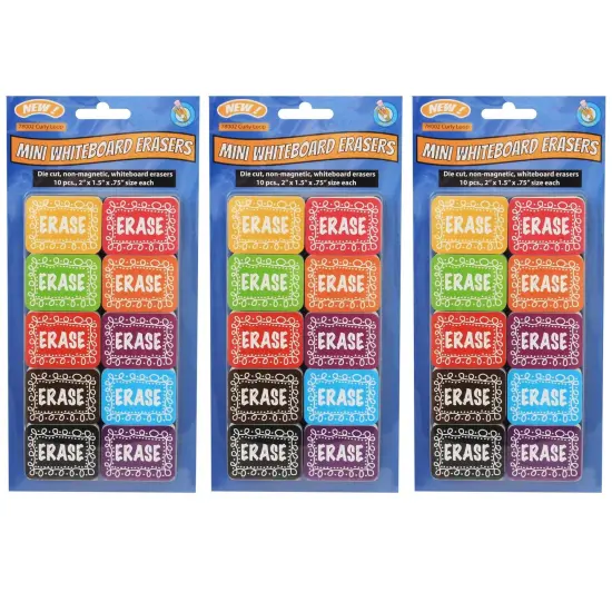 Non-Magnetic Mini Whiteboard Erasers, Chalk Loop, 10 Per Pack, 3 Packs {1}